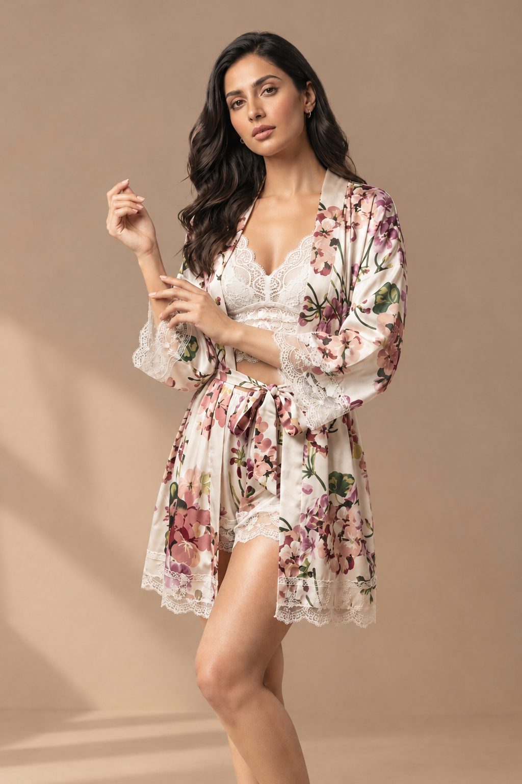 Silk Floral Gown 3 Piece Set - white
