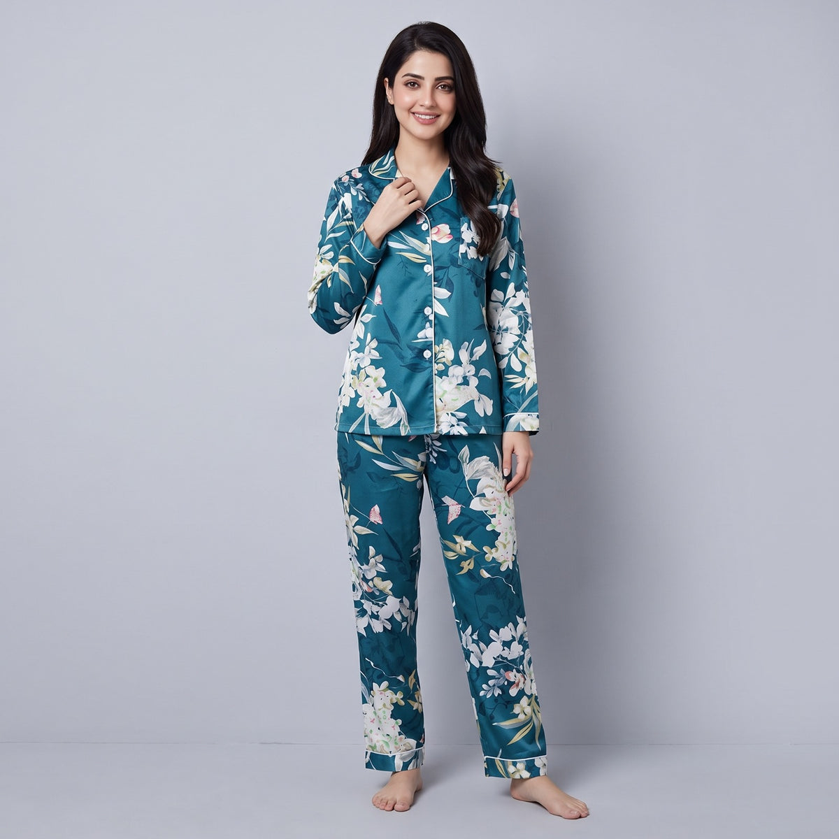 Floral Ladies Pajama Set - Teal