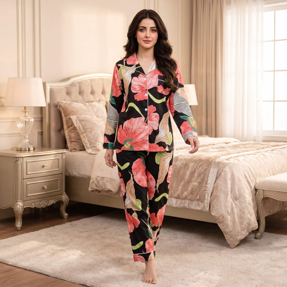 Floral Ladies Pajama Set - Black with Orange Flower
