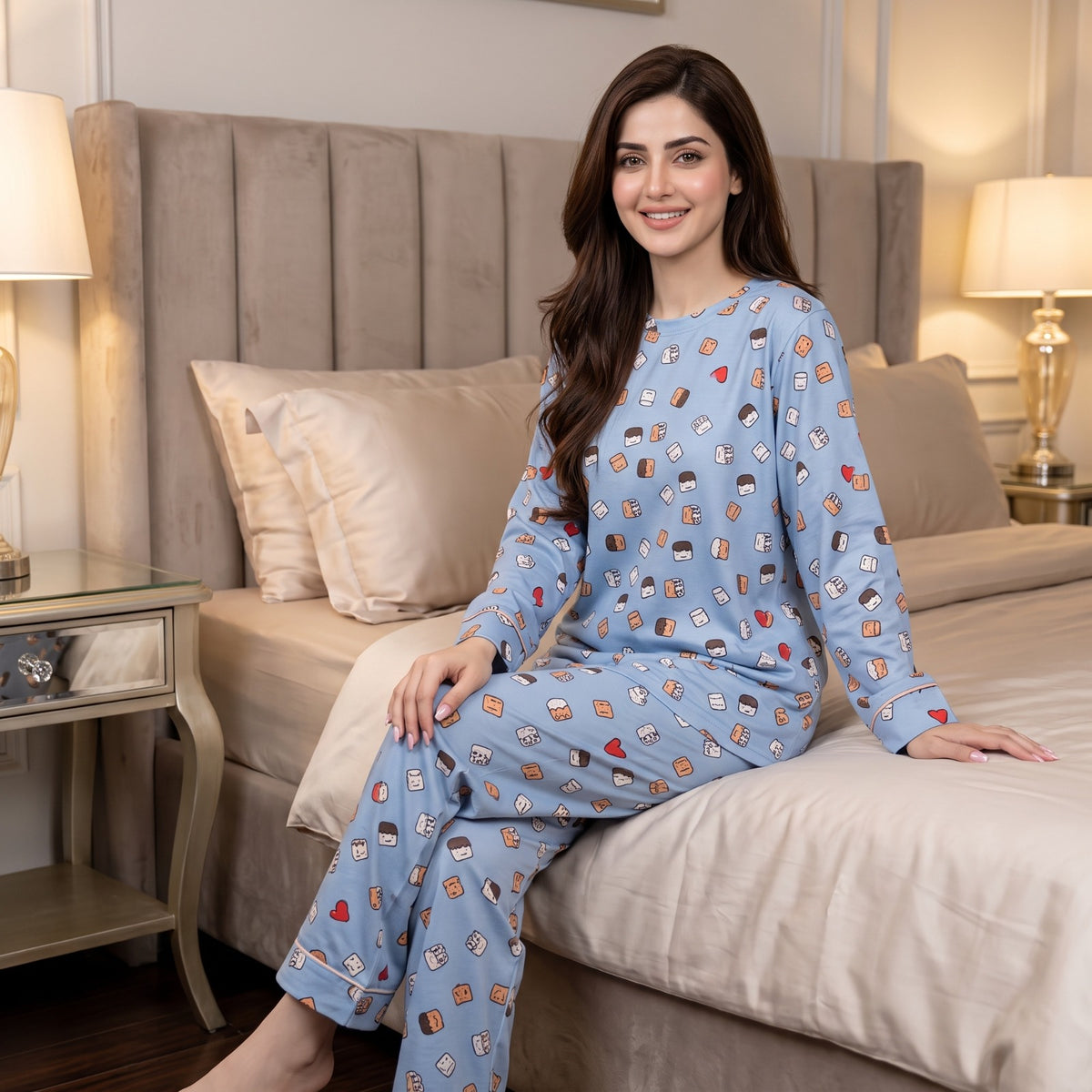 Comfortable Cotton Pajama Set - Gray Marshmallow Print