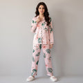 Floral Ladies Pajama Set - Pink With Green Leaf