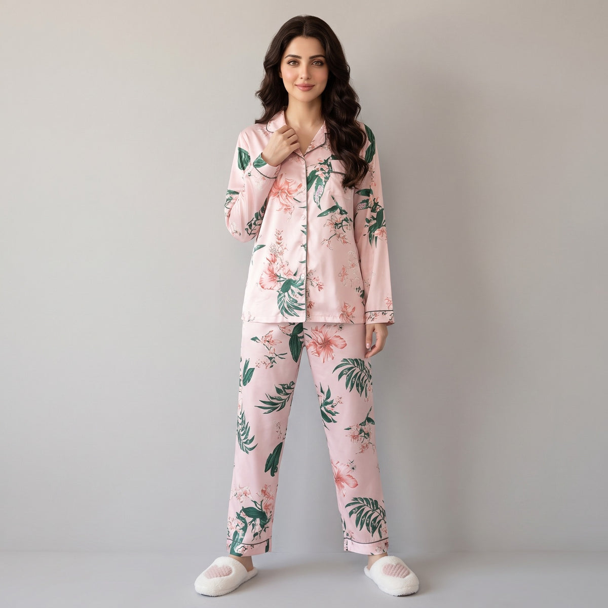 Floral Ladies Pajama Set - Pink With Green Leaf