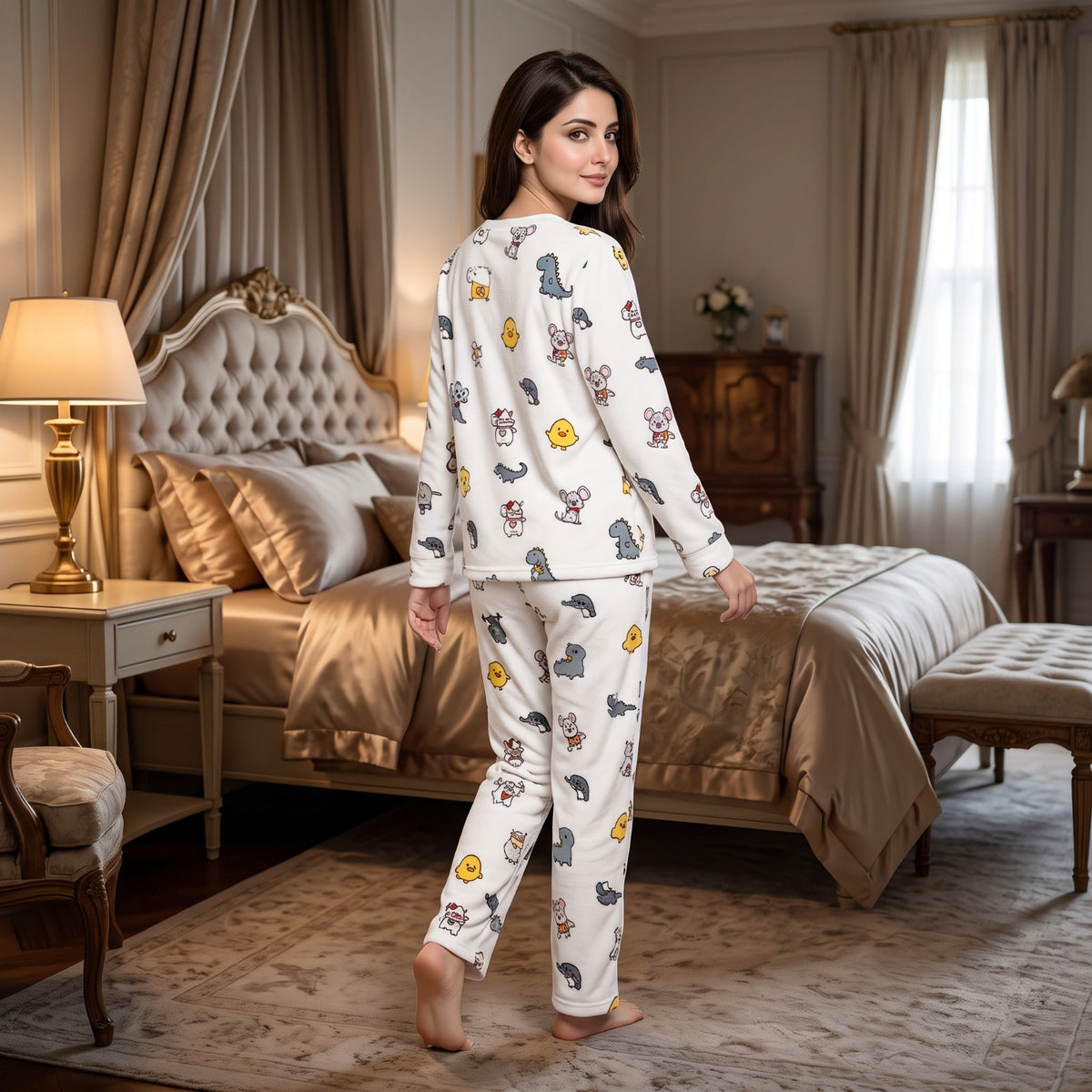 Comfortable Cotton Pajama Set - White Animal