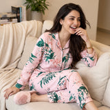 Floral Ladies Pajama Set - Pink With Green Leaf