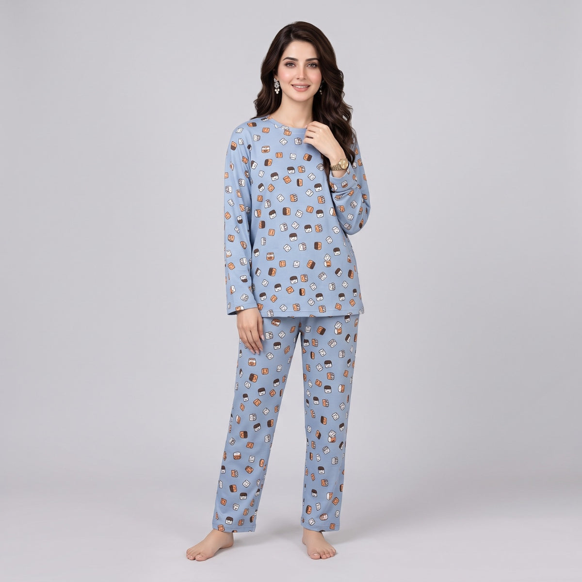 Comfortable Cotton Pajama Set - Gray Marshmallow Print