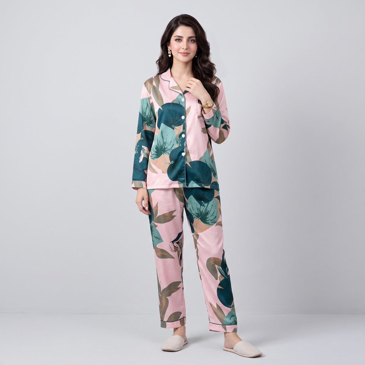 Floral Ladies Pajama Set - Pink With Teal Leaf