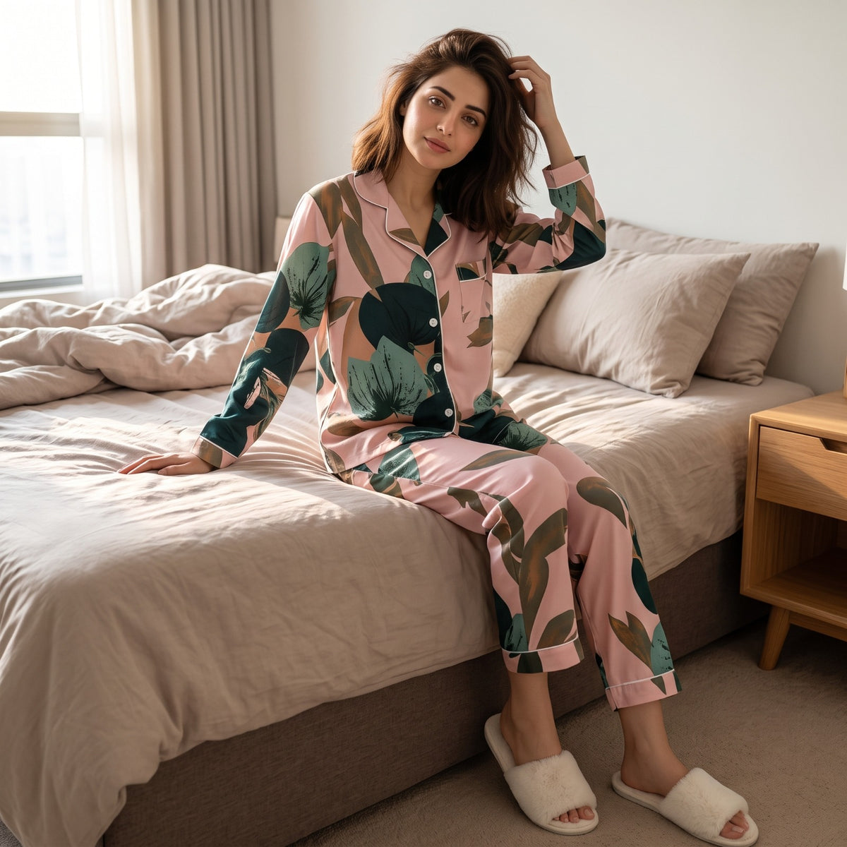 Floral Ladies Pajama Set - Pink With Teal Leaf