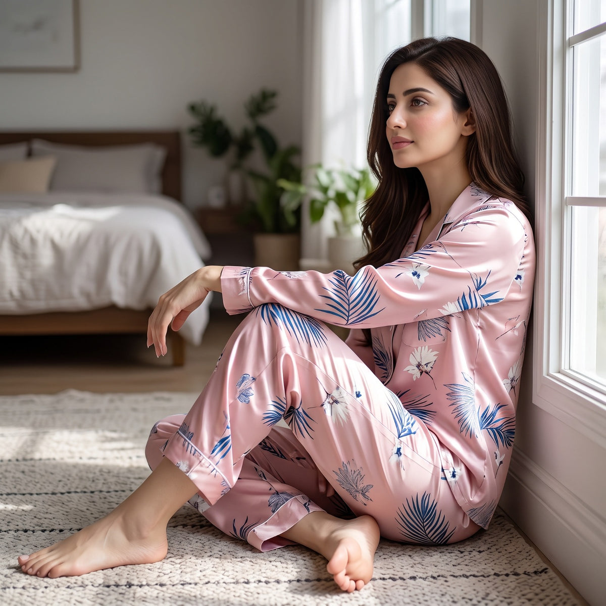 Floral Ladies Pajama Set - Pink with Palm Leaf
