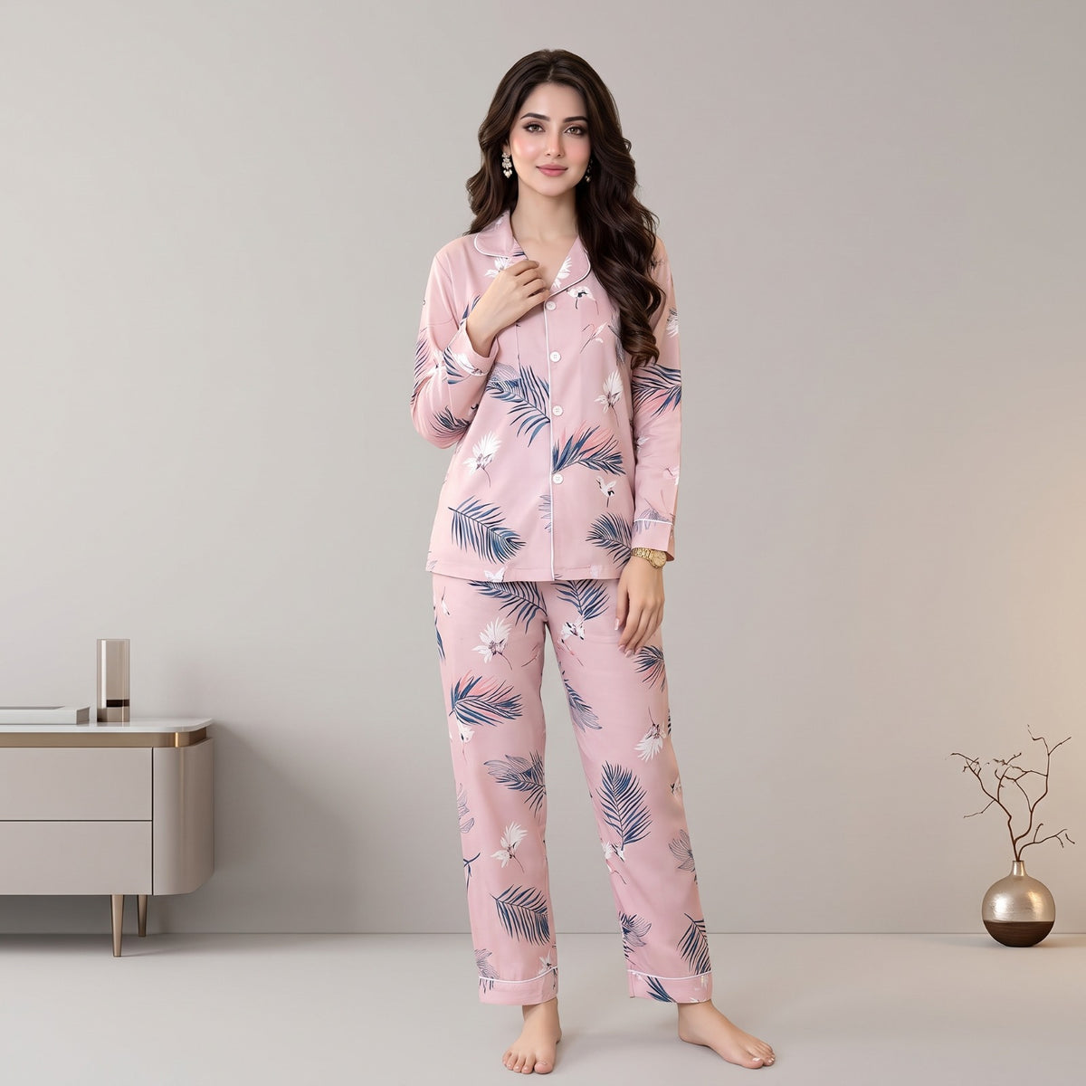 Floral Ladies Pajama Set - Pink with Palm Leaf