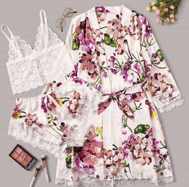 Silk Floral Gown 3 Piece Set - white