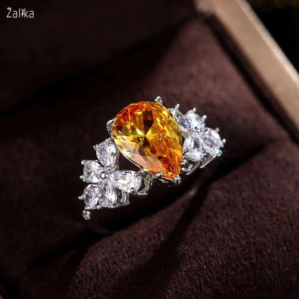Yellow Water Drop Gemstone Flower Zircon Ring