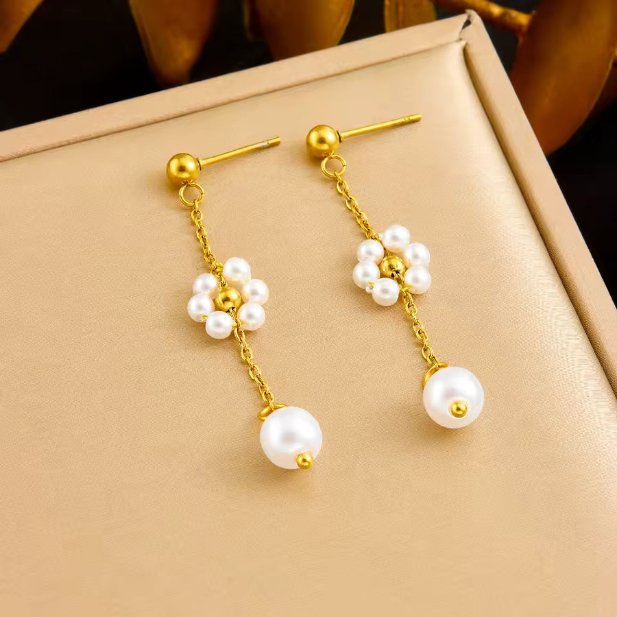 Pearl Splicing Flower Tassel  Earrings