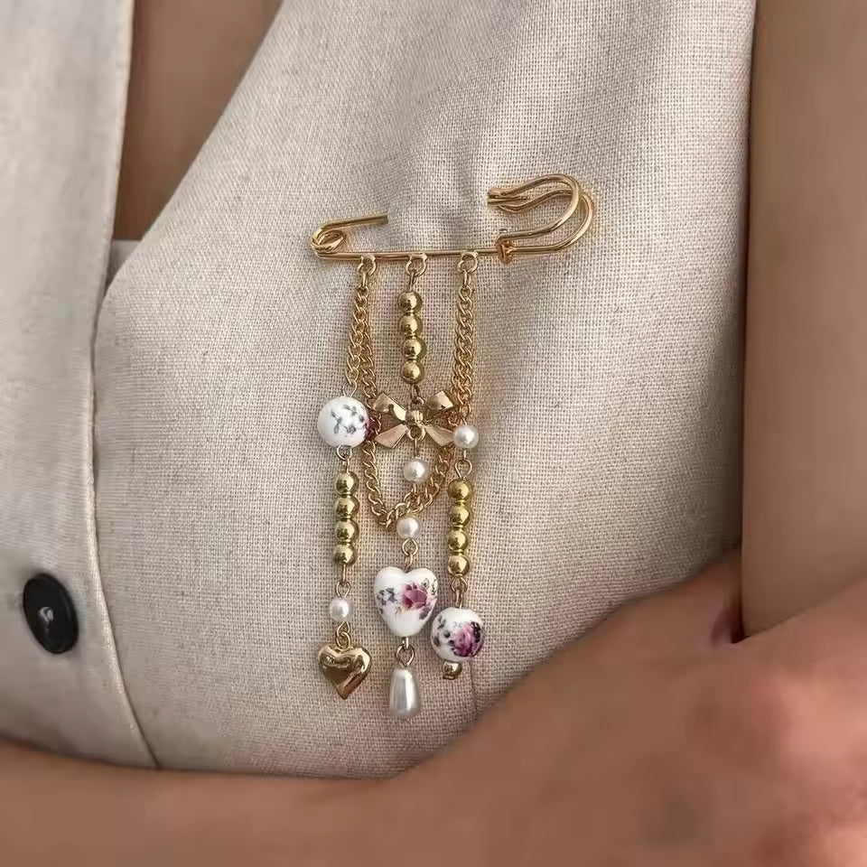 Sweet Beaded Bow Tassel Brooch