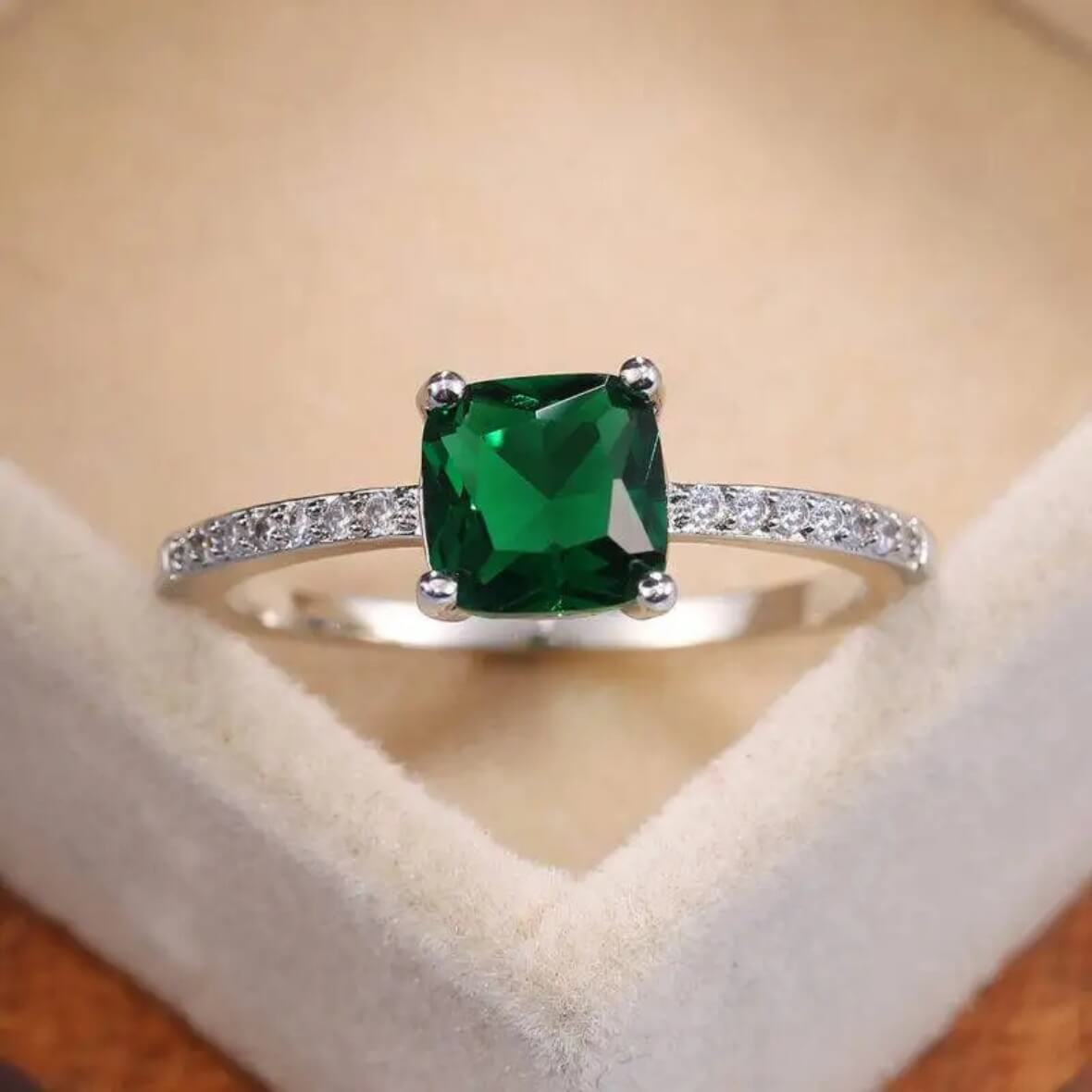 Green Color Square Zircon Ring