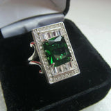 925 Silver Plated Green Crystal CZ Princess Cut Ring