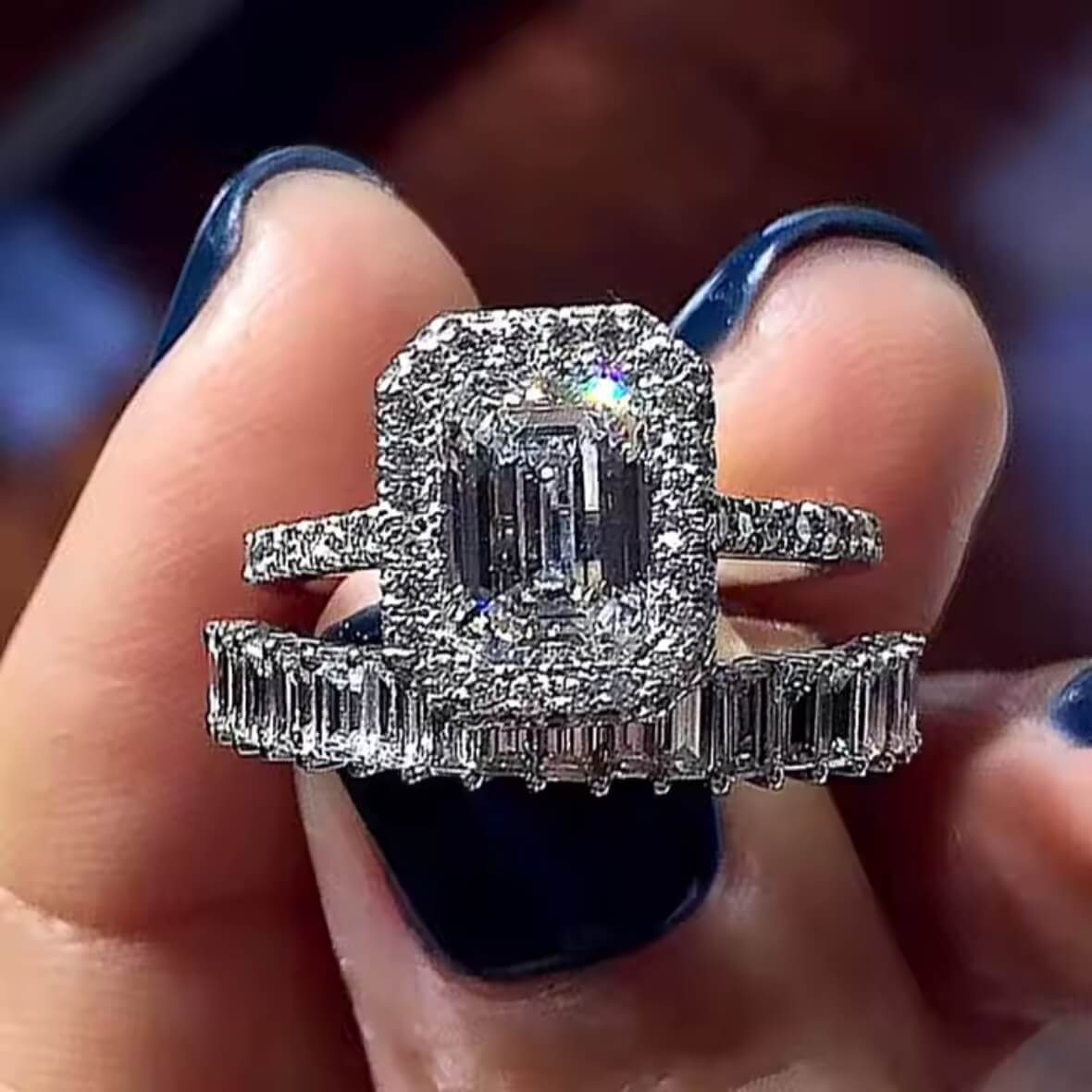 Gorgeous Emerald Cut Cubic Engagement Ring Set