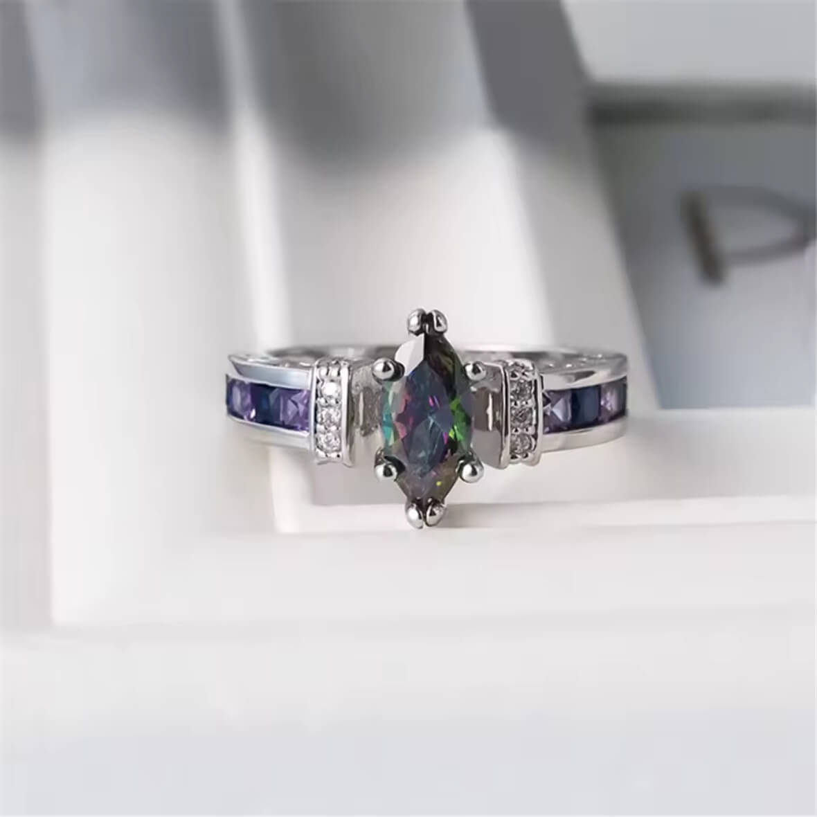 Multicolor Oval Zircon 925 Silver Ring