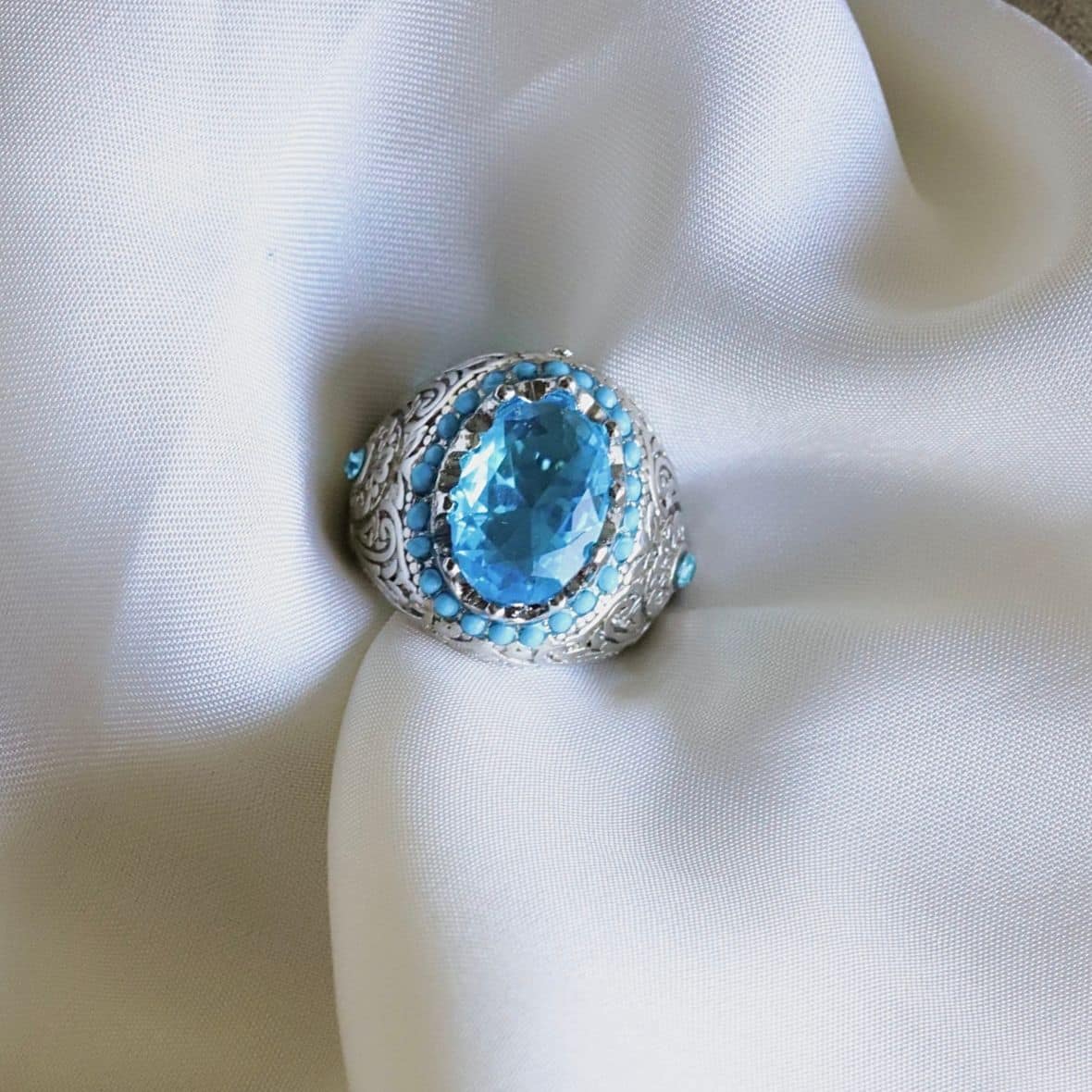 Retro Carving Thick Blue Ancient Silver Ring