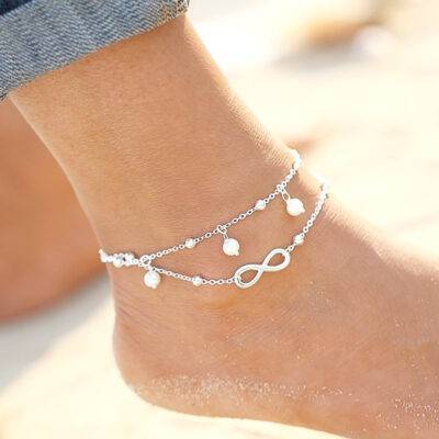 Silver Coating Double Layer Link Chain Pearls Anklets for girls